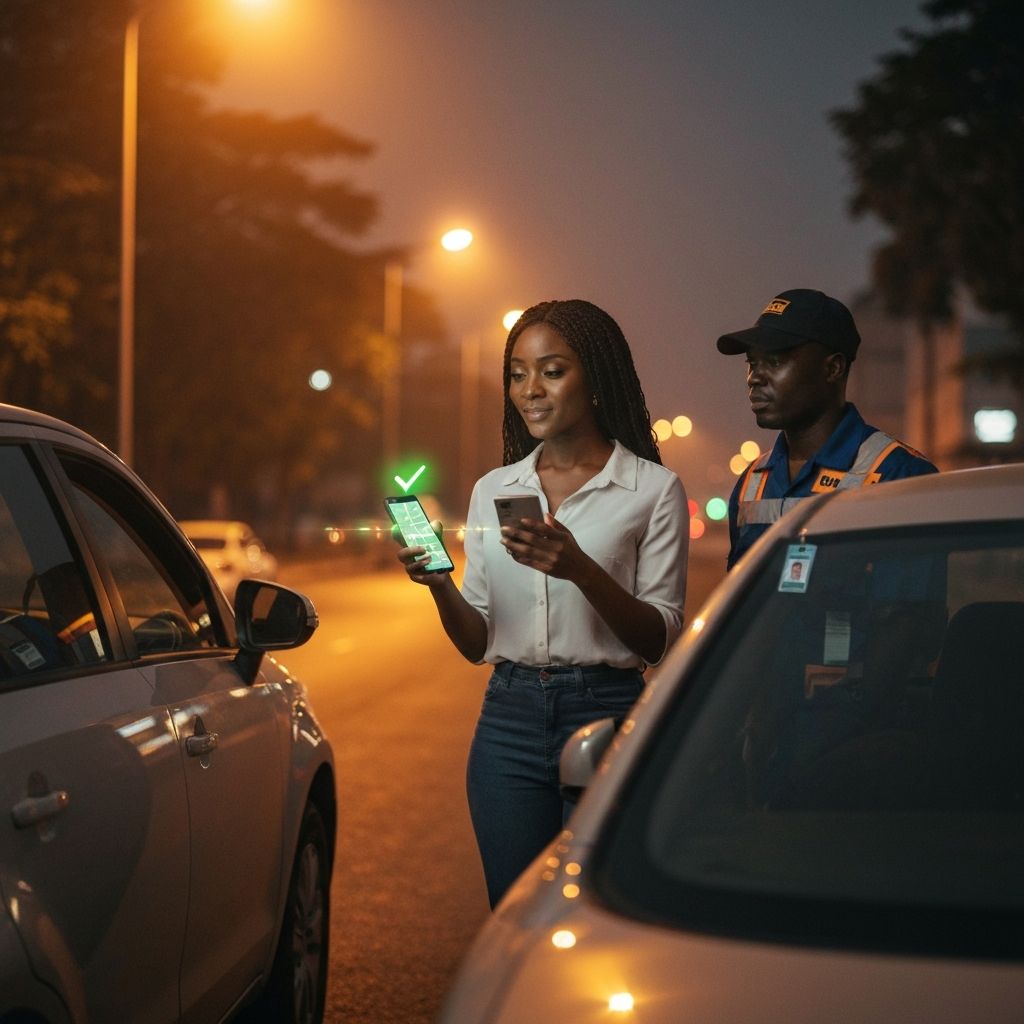 Woman safely using OGAH MECHANIC app beside her car